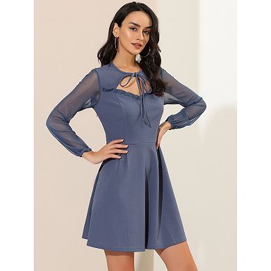 Women's Tie Neck Ruffled Mesh Long Sleeve Mini Dress