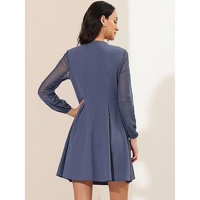 Women's Tie Neck Ruffled Mesh Long Sleeve Mini Dress