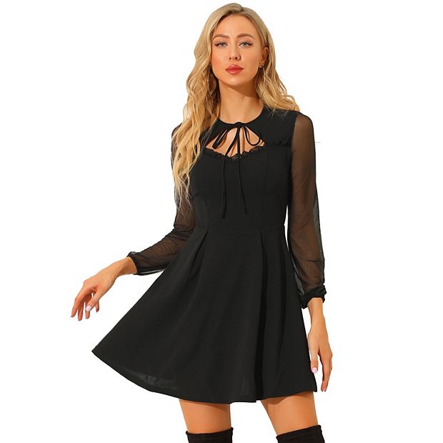 Women's Tie Neck Ruffled Mesh Long Sleeve Mini Dress