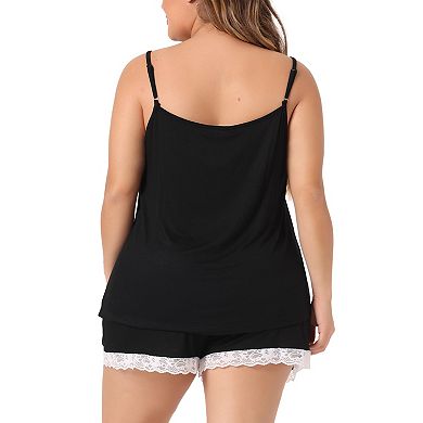 Pajamas Set for Women Plus Size Cami Lace Panel Elastic Waist Shorts Sleepwear Loungewear