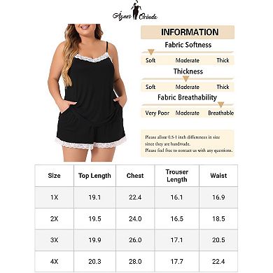 Pajamas Set for Women Plus Size Cami Lace Panel Elastic Waist Shorts Sleepwear Loungewear