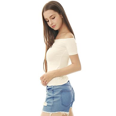 Women's Short Sleeves Off The Shoulder Hipbone Length Solid Blouse