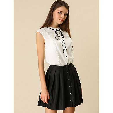 Women's Tie Neck Cap Sleeve Button Down Ruffle Summer Shirts