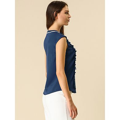 Women's Tie Neck Cap Sleeve Button Down Ruffle Summer Shirts