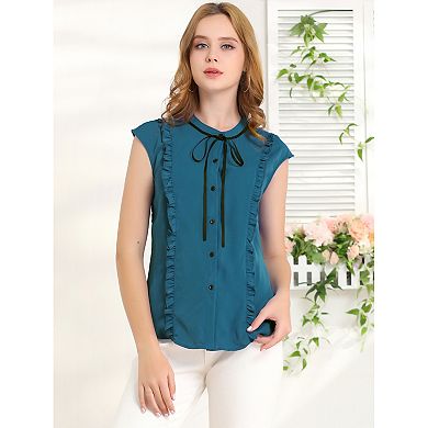 Women's Tie Neck Cap Sleeve Button Down Ruffle Summer Shirts