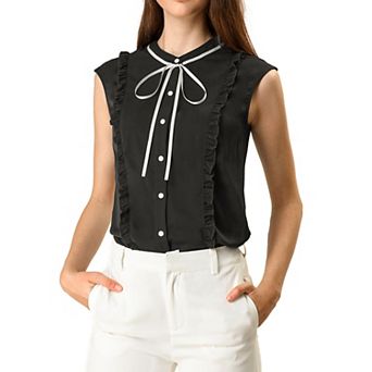 Women's Tie Neck Cap Sleeve Button Down Ruffle Summer Shirts