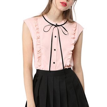 Women's Tie Neck Cap Sleeve Button Down Ruffle Summer Shirts