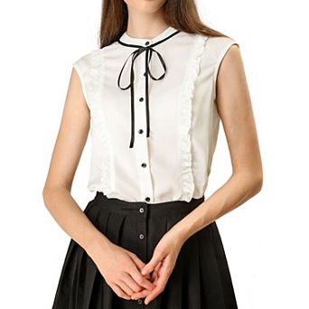 Women's Tie Neck Cap Sleeve Button Down Ruffle Summer Shirts