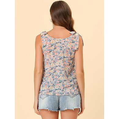 Women's Summer Floral Blouse Bow Tie Decor Casual Tank Tops