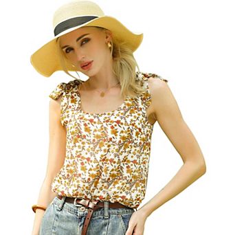 Women's Summer Floral Blouse Bow Tie Decor Casual Tank Tops