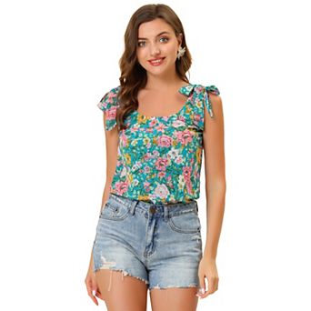 Women's Summer Floral Blouse Bow Tie Decor Casual Tank Tops