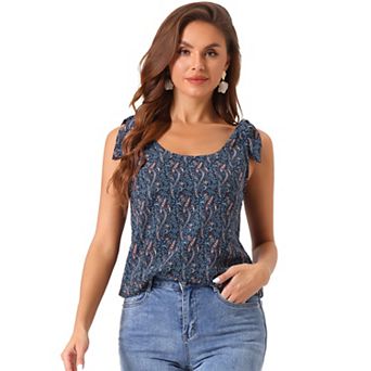 Women's Summer Floral Blouse Bow Tie Decor Casual Tank Tops