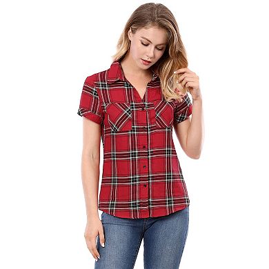 Women's Cotton Boyfriend Button Front Short Sleeves Plaid Shirt