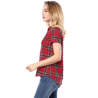 Women's Cotton Boyfriend Button Front Short Sleeves Plaid Shirt