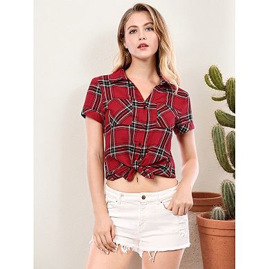 Women's Cotton Boyfriend Button Front Short Sleeves Plaid Shirt