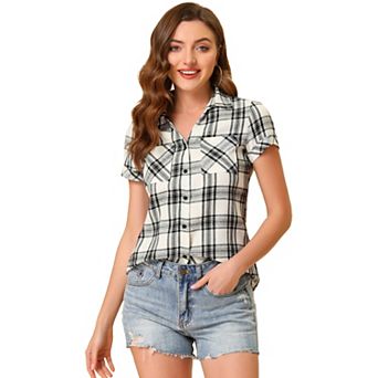 Women's Boyfriend Button Front Short Sleeves Plaid Shirt