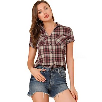 Women's Boyfriend Button Front Short Sleeves Plaid Shirt