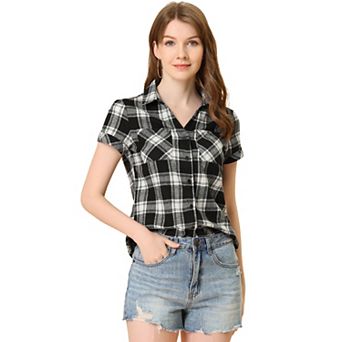 Women's Boyfriend Button Front Short Sleeves Plaid Shirt