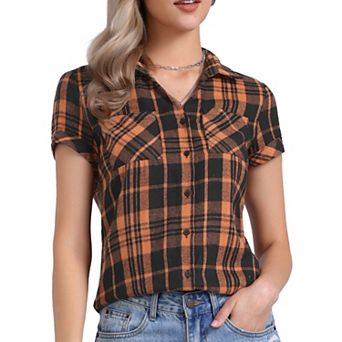 Women's Boyfriend Button Front Short Sleeves Plaid Shirt