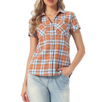 Women's Boyfriend Button Front Short Sleeves Plaid Shirt