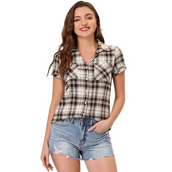 Women's Boyfriend Button Front Short Sleeves Plaid Shirt