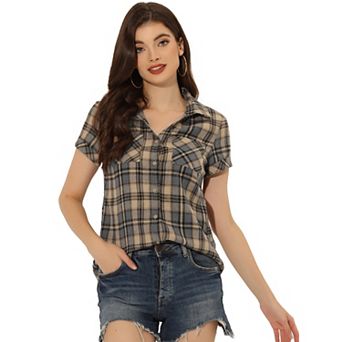 Women's Boyfriend Button Front Short Sleeves Plaid Shirt