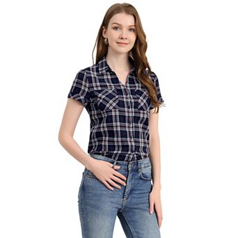 Women's Boyfriend Button Front Short Sleeves Plaid Shirt