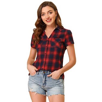 Women's Boyfriend Button Front Short Sleeves Plaid Shirt