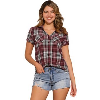 Women's Boyfriend Button Front Short Sleeves Plaid Shirt
