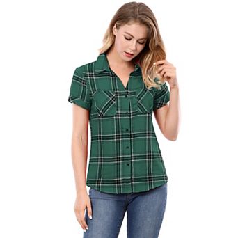 Women's Boyfriend Button Front Short Sleeves Plaid Shirt