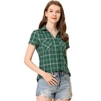 Women's Boyfriend Button Front Short Sleeves Plaid Shirt
