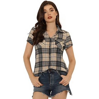 Women's Boyfriend Button Front Short Sleeves Plaid Shirt