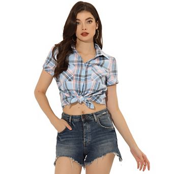 Women's Boyfriend Button Front Short Sleeves Plaid Shirt