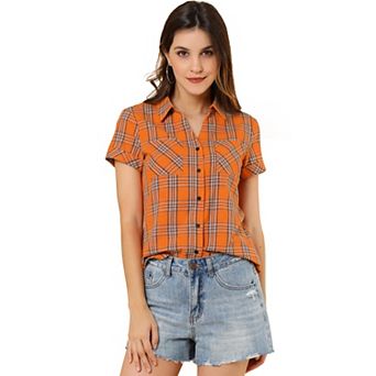 Women's Boyfriend Button Front Short Sleeves Plaid Shirt