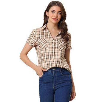 Women's Boyfriend Button Front Short Sleeves Plaid Shirt