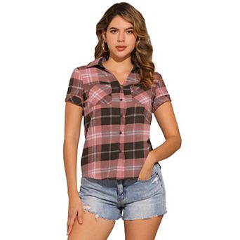 Women's Boyfriend Button Front Short Sleeves Plaid Shirt