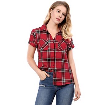 Women's Boyfriend Button Front Short Sleeves Plaid Shirt