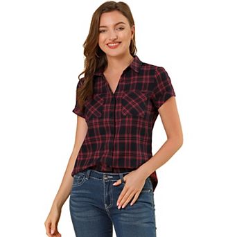 Women's Boyfriend Button Front Short Sleeves Plaid Shirt