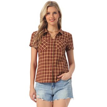 Women's Boyfriend Button Front Short Sleeves Plaid Shirt