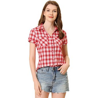 Women's Boyfriend Button Front Short Sleeves Plaid Shirt