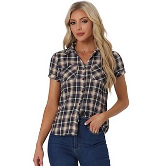 Women's Boyfriend Button Front Short Sleeves Plaid Shirt