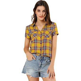 Women's Boyfriend Button Front Short Sleeves Plaid Shirt