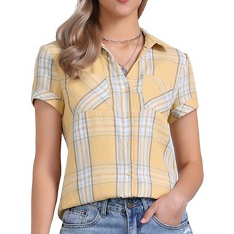 Women's Boyfriend Button Front Short Sleeves Plaid Shirt