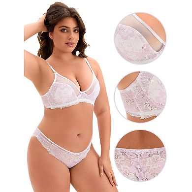 Women's Underwire Floral Lace Mesh Push-Up 2-Hook Lace Trim Bra and Panty Set