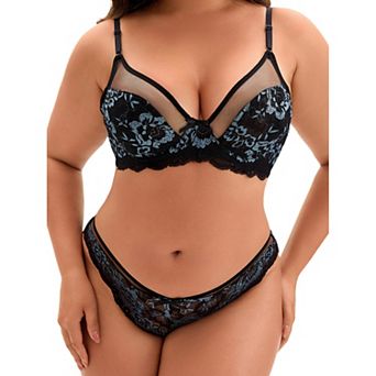 Women's Underwire Floral Lace Mesh Push-Up 2-Hook Lace Trim Bra and Panty Set