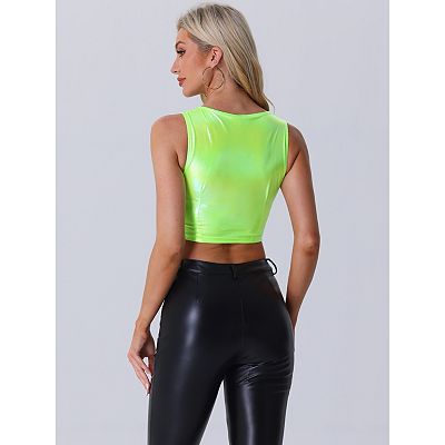 Korte metallic top voor dames, glanzend, stretch, mouwloos, holografisch party, tankvest, clubwear, mouwloze top, Goud, M