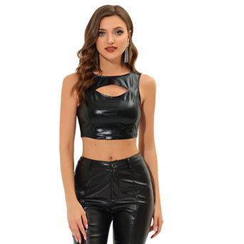 Women's Shiny Metallic Crop Top Sleeveless Cut Out Party Clubwear Tank Tops