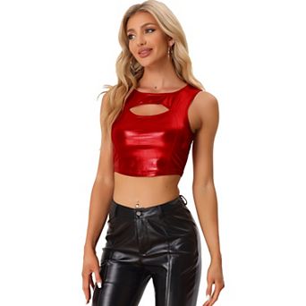 Women's Shiny Metallic Crop Top Sleeveless Cut Out Party Clubwear Tank Tops