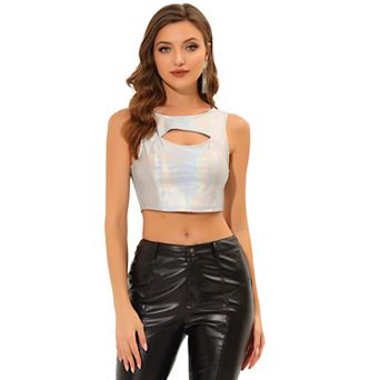 Women's Shiny Metallic Crop Top Sleeveless Cut Out Party Clubwear Tank Tops