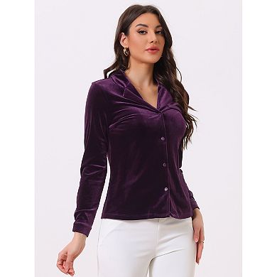 Women's Velvet V Neck Long Sleeve Button Down Shirt Blouse